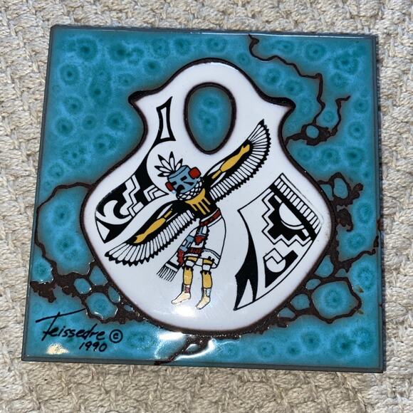 Cleo Teissedre Santa Fe Kachina on Vase Art Tile Trivet 1990 New Mexico set of 2 - Picture 2 of 8